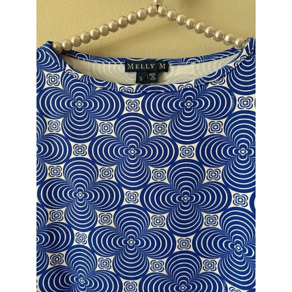 Melly M Womens Size Small Blue White Floral Top 3/4 Sleeve Stretch - Picture 2 of 5